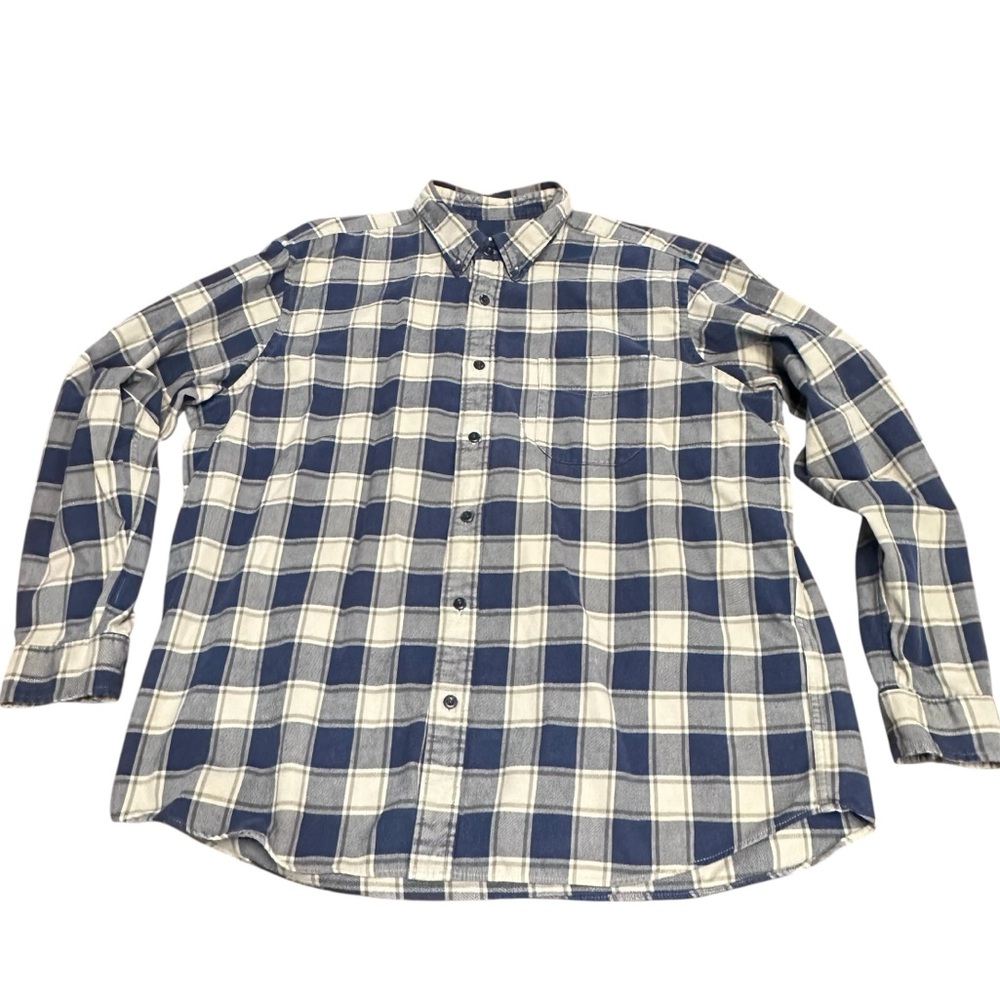 Eddie Bauer Men’s‎ Flannel Shirt Navy Cream Plaid Button Front vintage XL